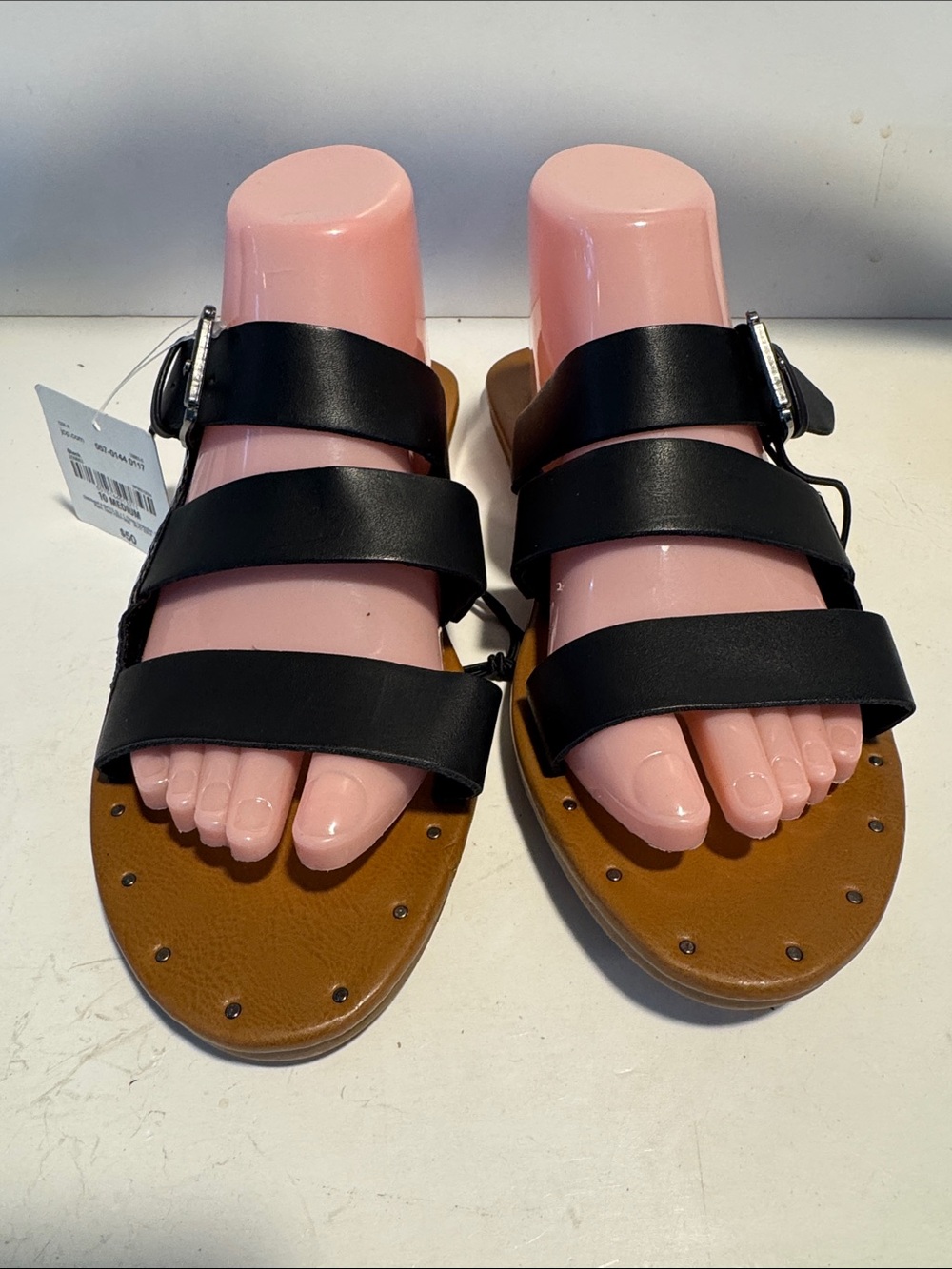Black Triple-Strap Women’s Sandal with Brown Footbed